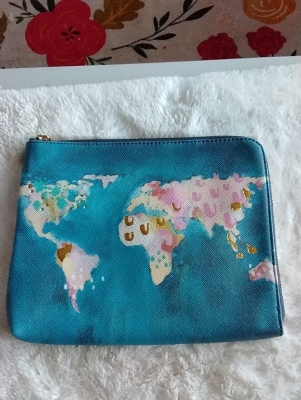 Anthropologie Teal World Map Zip Pouch with Pink and Gold Accents